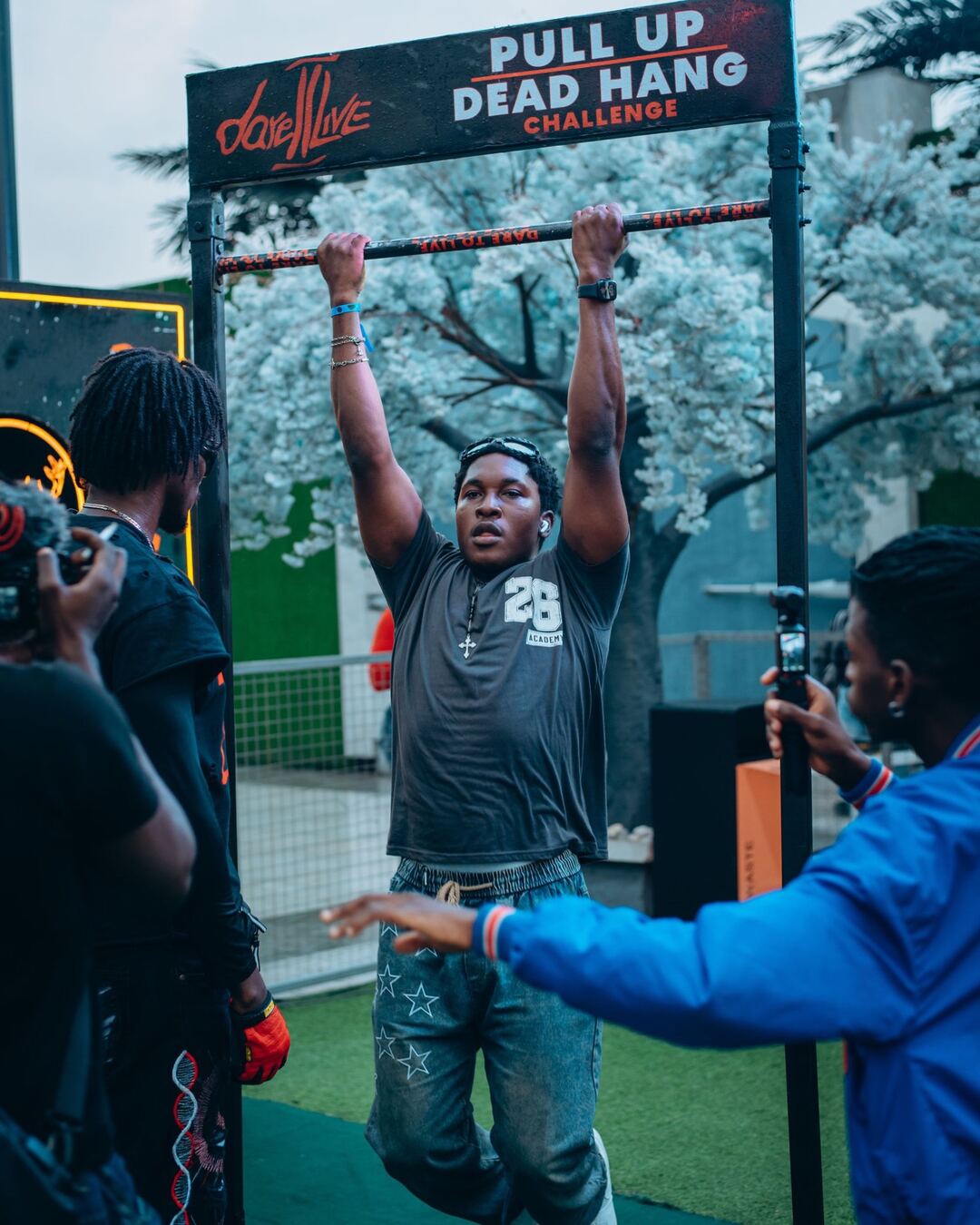 Pull up challenge under cherry blossoms